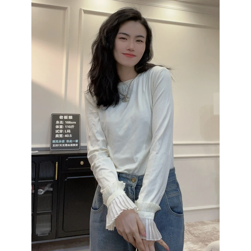 蓝羽老板娘【黑巧克力】2024秋新款袖口设计感小众长袖显瘦T恤LY