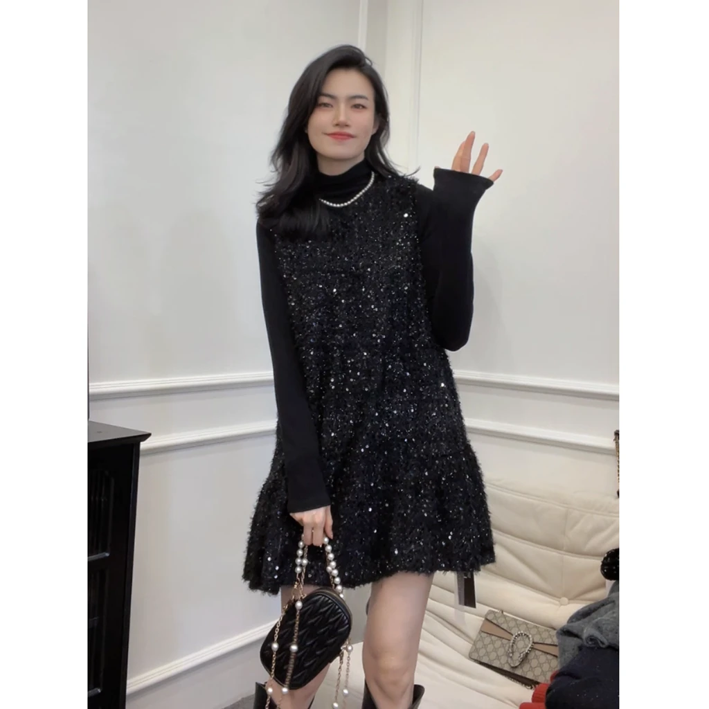 蓝羽老板娘【黑曜珍珠】真两件套~欧洲站感亮片套装显瘦裙子LY