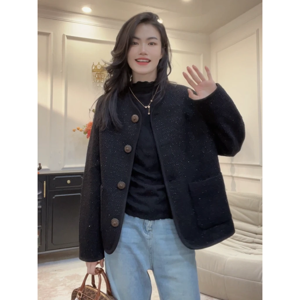 定制面料高级感超好看小香圆领毛外套宽松开衫女秋冬新款LY