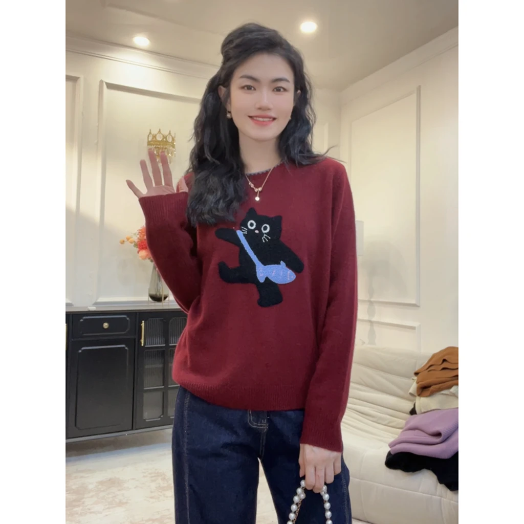 【小猫抓鱼】秋冬新款韩版卡通可爱猫咪刺绣毛衣厚款针织衫LY