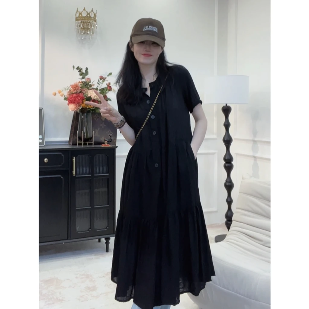 蓝羽老板娘 【盛夏之约】夏季显瘦圆领黑色短袖连衣裙百搭赫本裙子Y