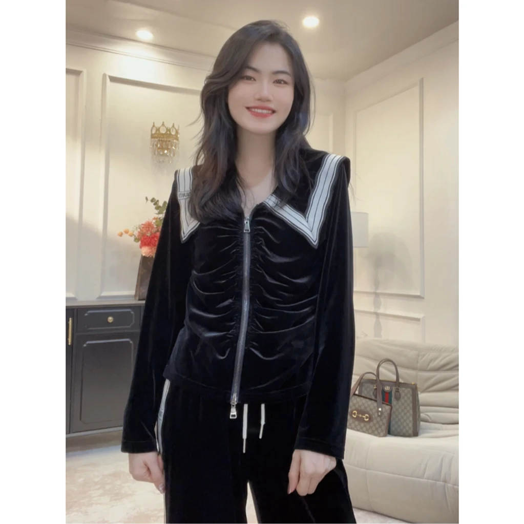 蓝羽【富家千金】外套+长裤两件套~褶皱高级感黑色显瘦休闲套装