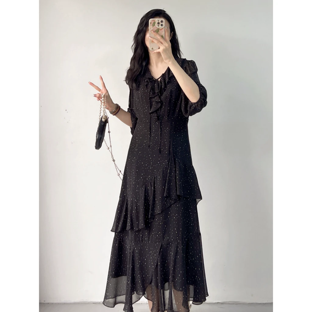 蓝羽老板娘【秋日波点】复古气质显瘦V领木耳边连衣裙内搭裙子