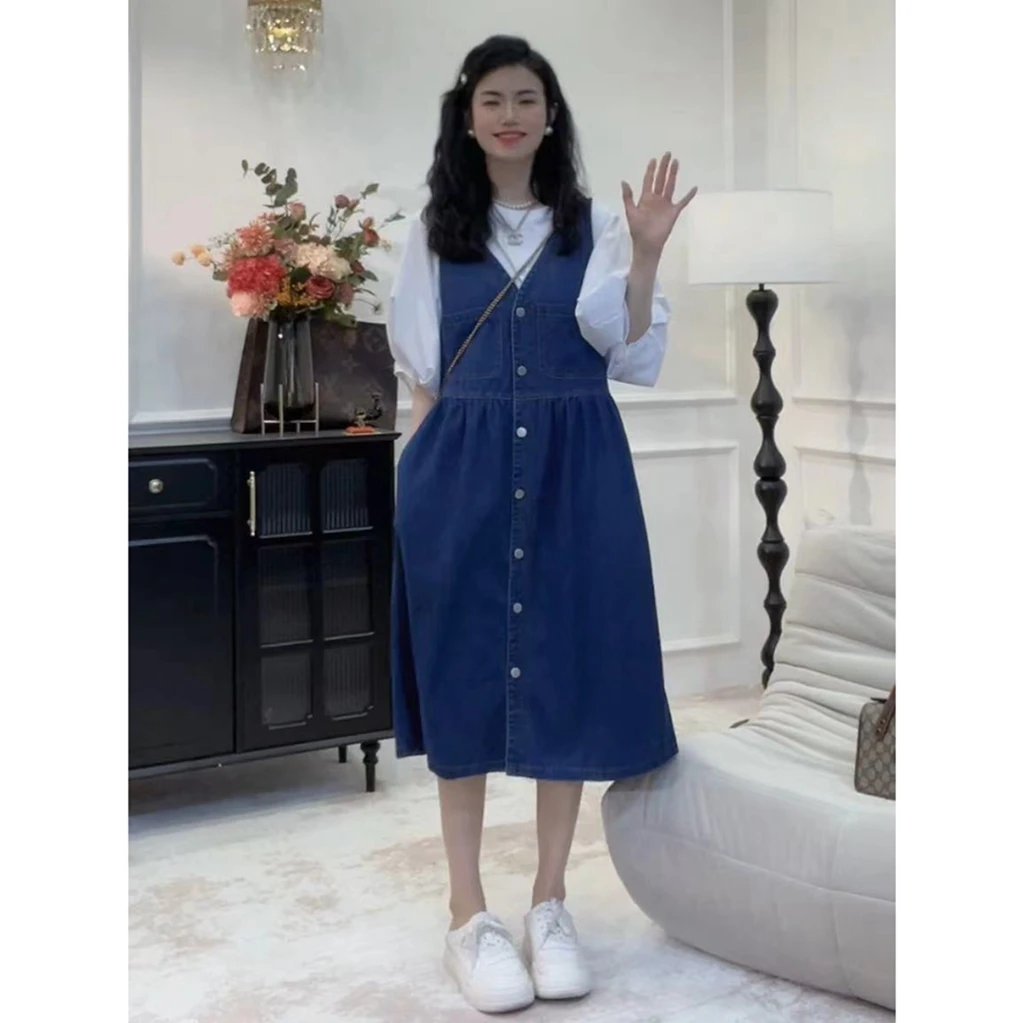 蓝羽老板娘 【入夏回应】马甲裙单排扣牛仔背带裙宽松连衣裙女zb