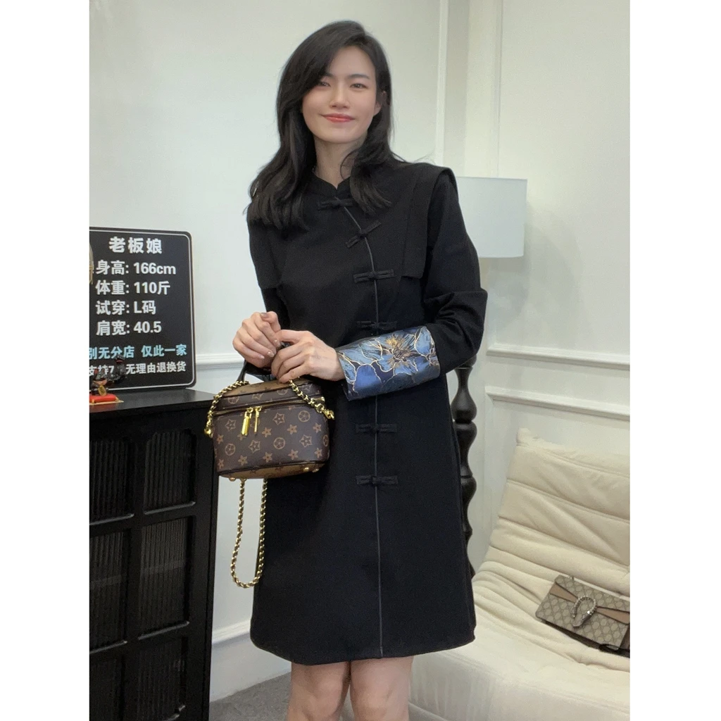 蓝羽老板娘【步步生莲】新中式黑色连衣裙长袖气质收腰显瘦裙子