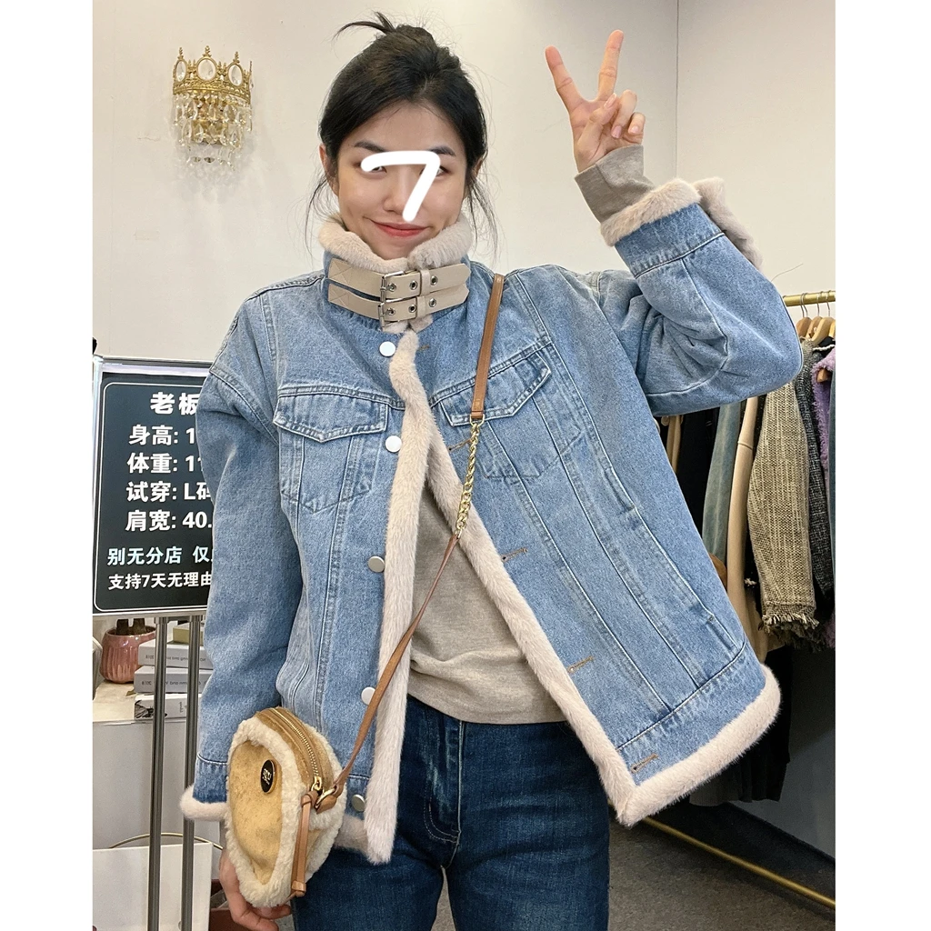 现货 蓝羽老板娘 秋冬加绒加厚立领宽松时尚大码牛仔夹克外套