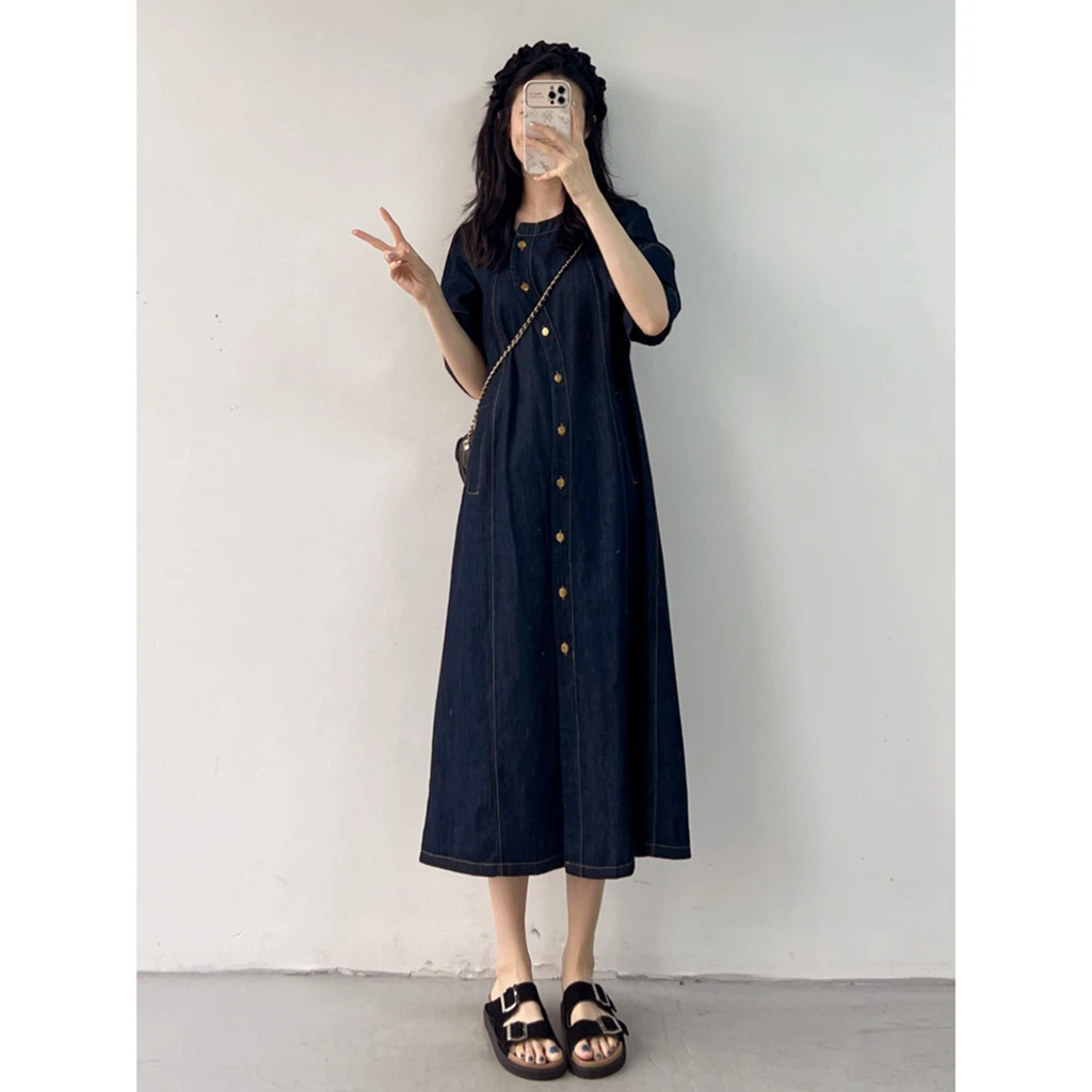藏青色复古牛仔连衣裙夏2024新款法式宽松气质设计感过膝衬衫裙zb