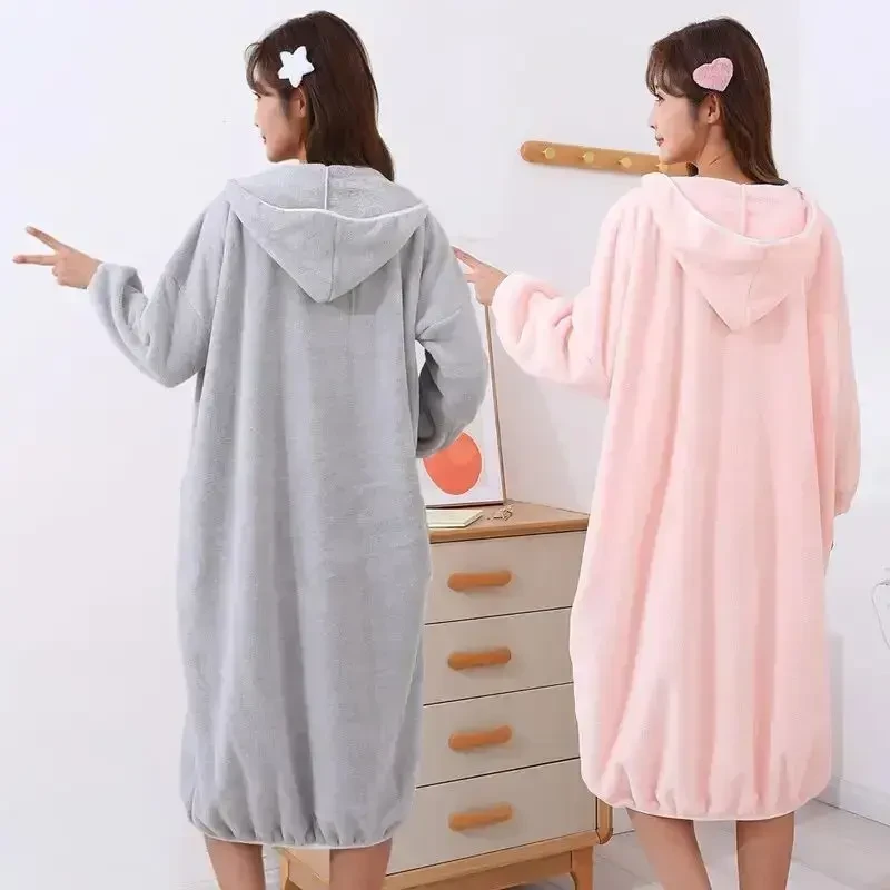 秋冬浴袍可穿浴巾女家用珊瑚绒吸水柔软速干浴裙洗澡睡袍睡衣连帽