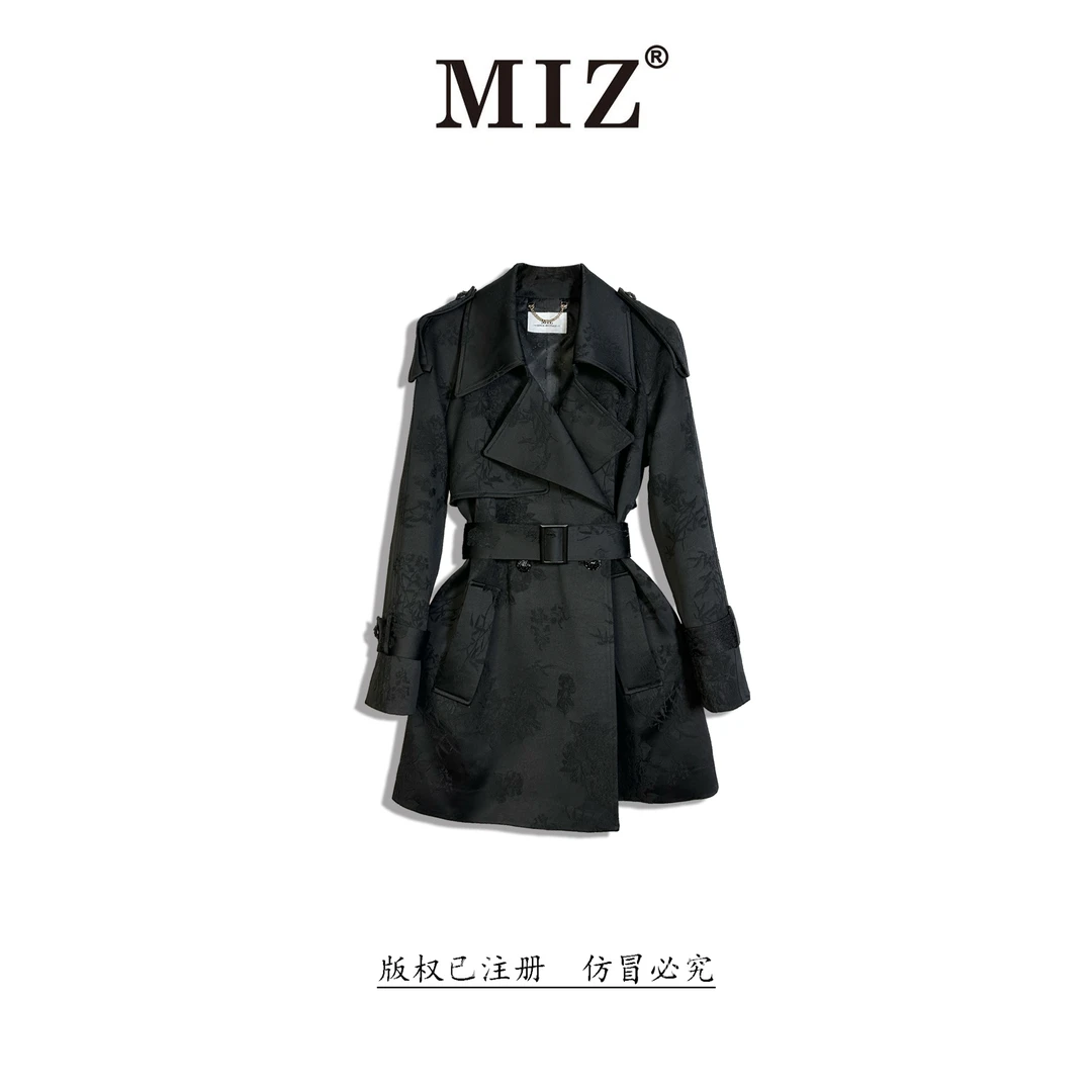 2024年秋装新款翻领百搭通勤双排扣提花显瘦女士风衣外套2435289