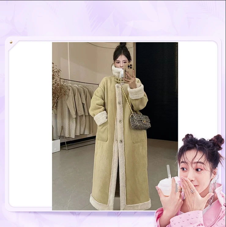 9962冬季加厚长款毛绒麂皮机车服皮毛一体保暖外套韩版时尚大衣女