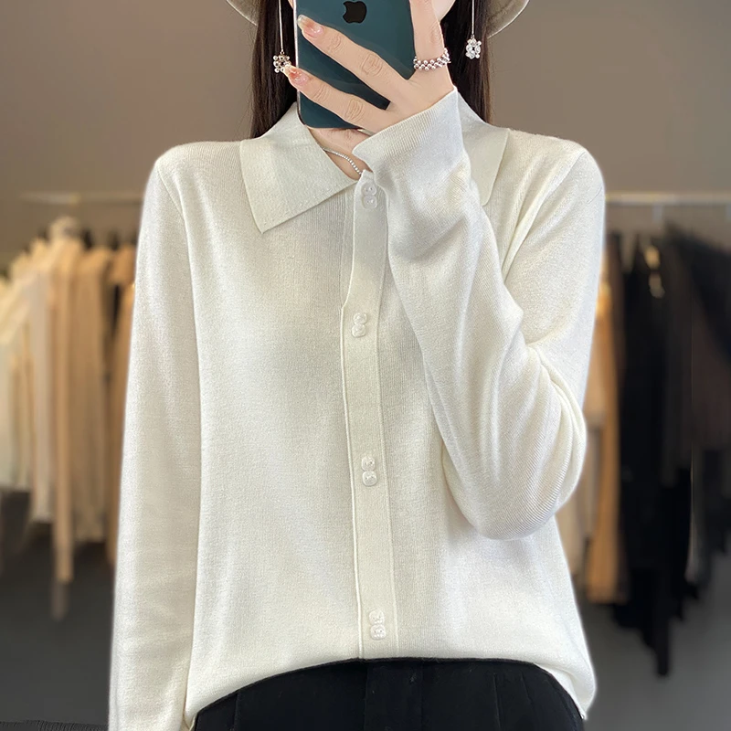 精纺羊毛针织POLO领衬衣开衫女秋冬季长袖内搭纯色百搭打底衫2354
