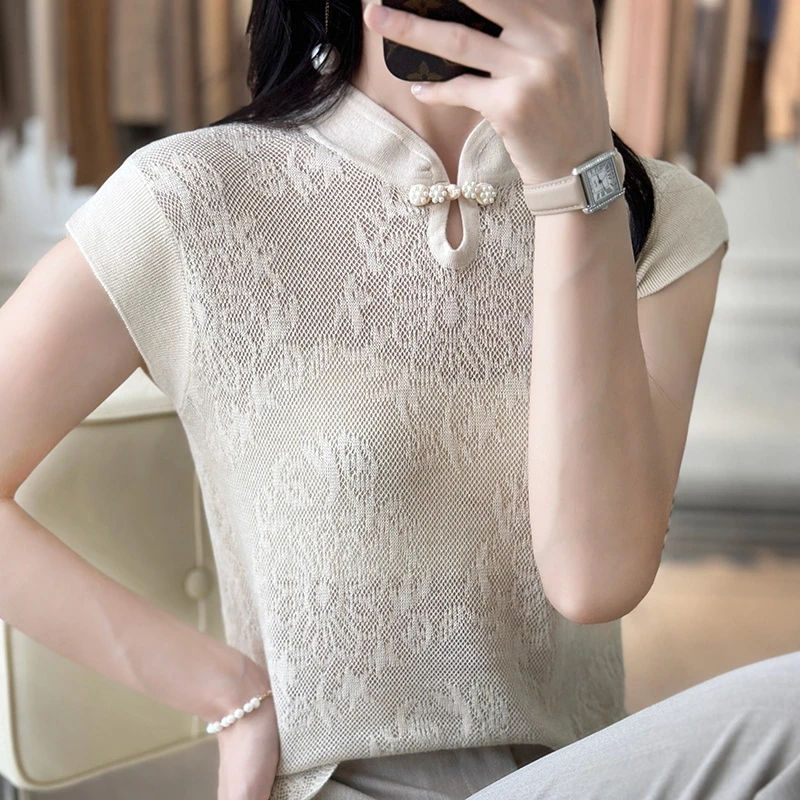 【羊毛+桑蚕丝】春夏款中国风旗袍领复古蕾丝镂空上衣 显瘦2340