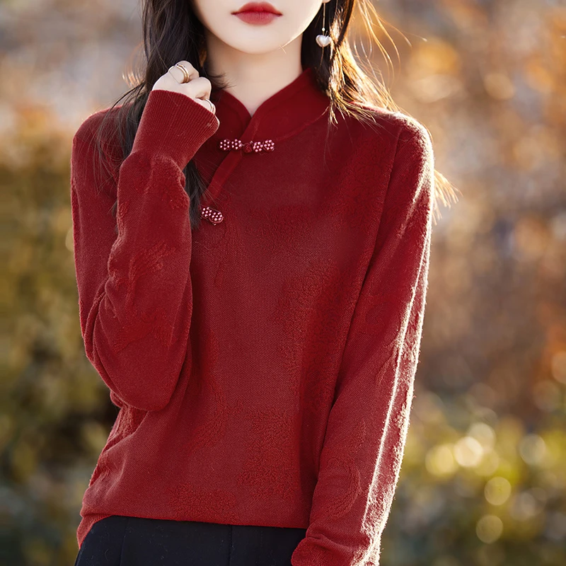 国风旗袍领精纺羊毛衫女薄款新款刺绣针织上衣打底衫2452玲子