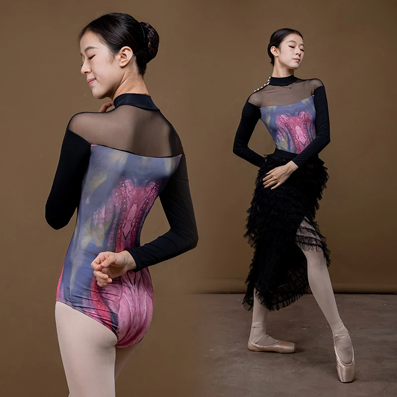 danzbaby舞蹈服体操服形体服装芭蕾舞印花体服长袖空中瑜伽服B152