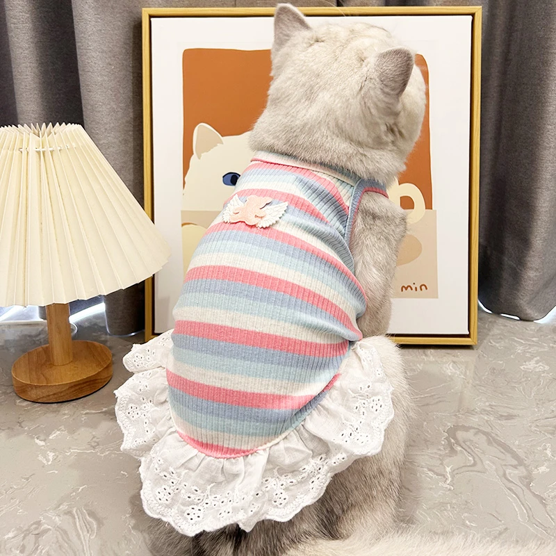 韩版条纹猫咪衣服夏天薄款防掉毛网红可爱布偶银金渐层英美短蓝猫