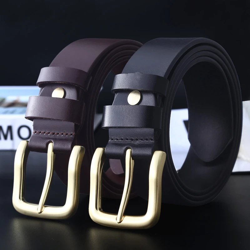 高档男士复古真牛皮皮带纯头层纯铜扣针扣休闲百搭牛仔裤男裤腰带
