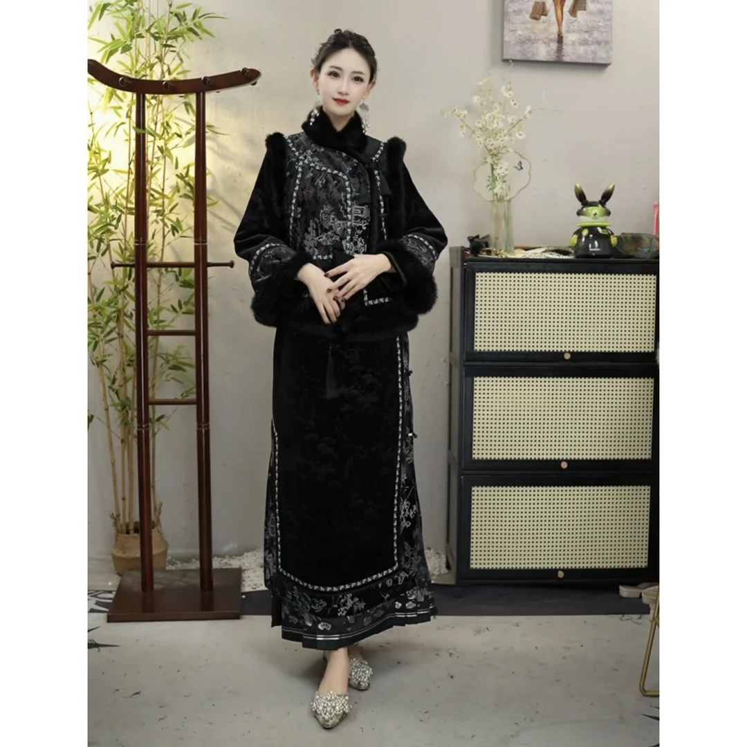 2024冬季显瘦时尚黑色复古中长款女装裙-M（2311+2312）