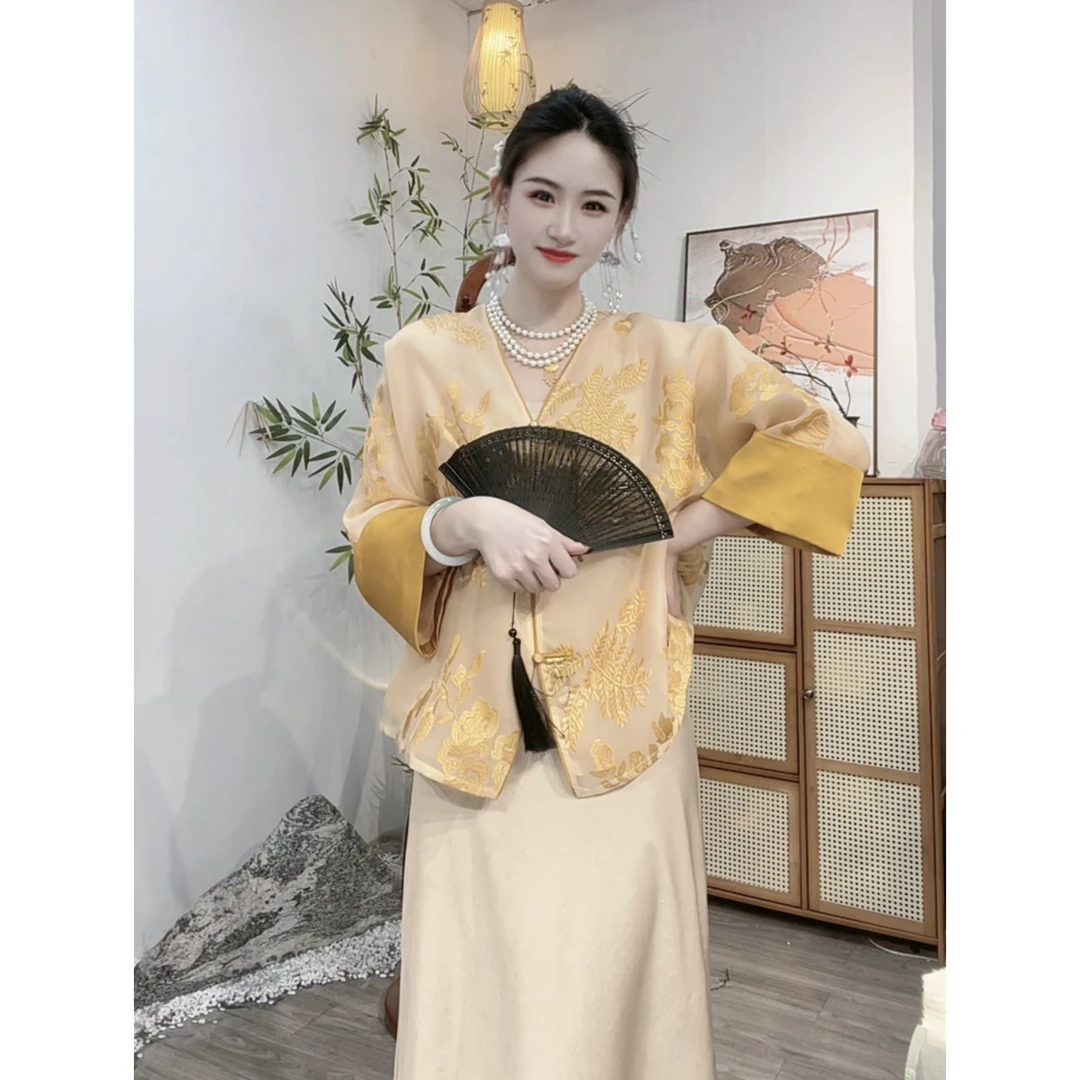 2024夏季新款新中式复古国风日常重工外套和吊带-M（7107+3372)