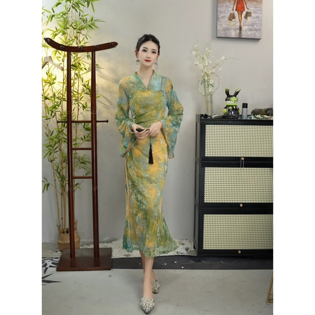 羽唐名2024秋季新款新中式时尚修身优雅国风显瘦旗袍(3971+3977)
