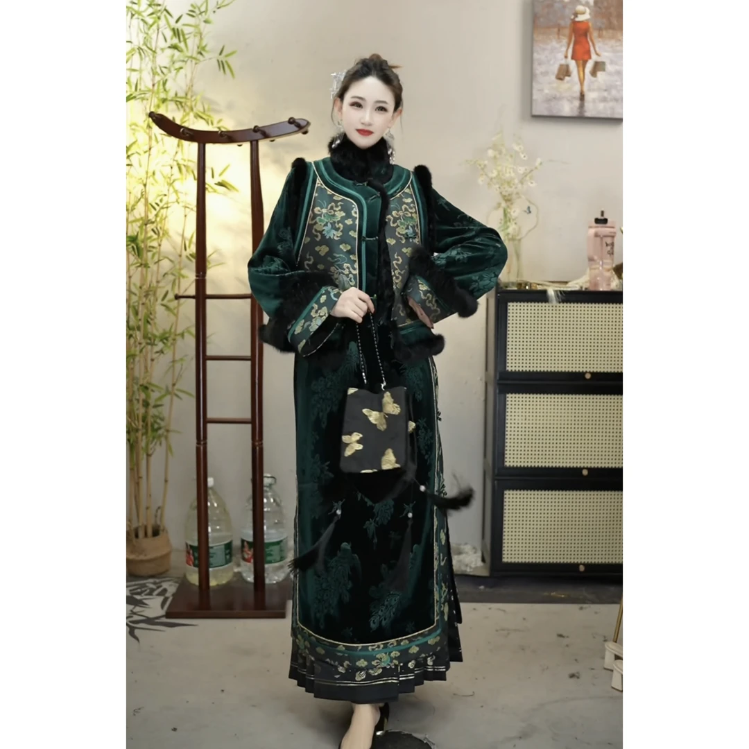 花享悦国风2024冬季绿色新中式传统中长款加绒女装群（6510+6511）