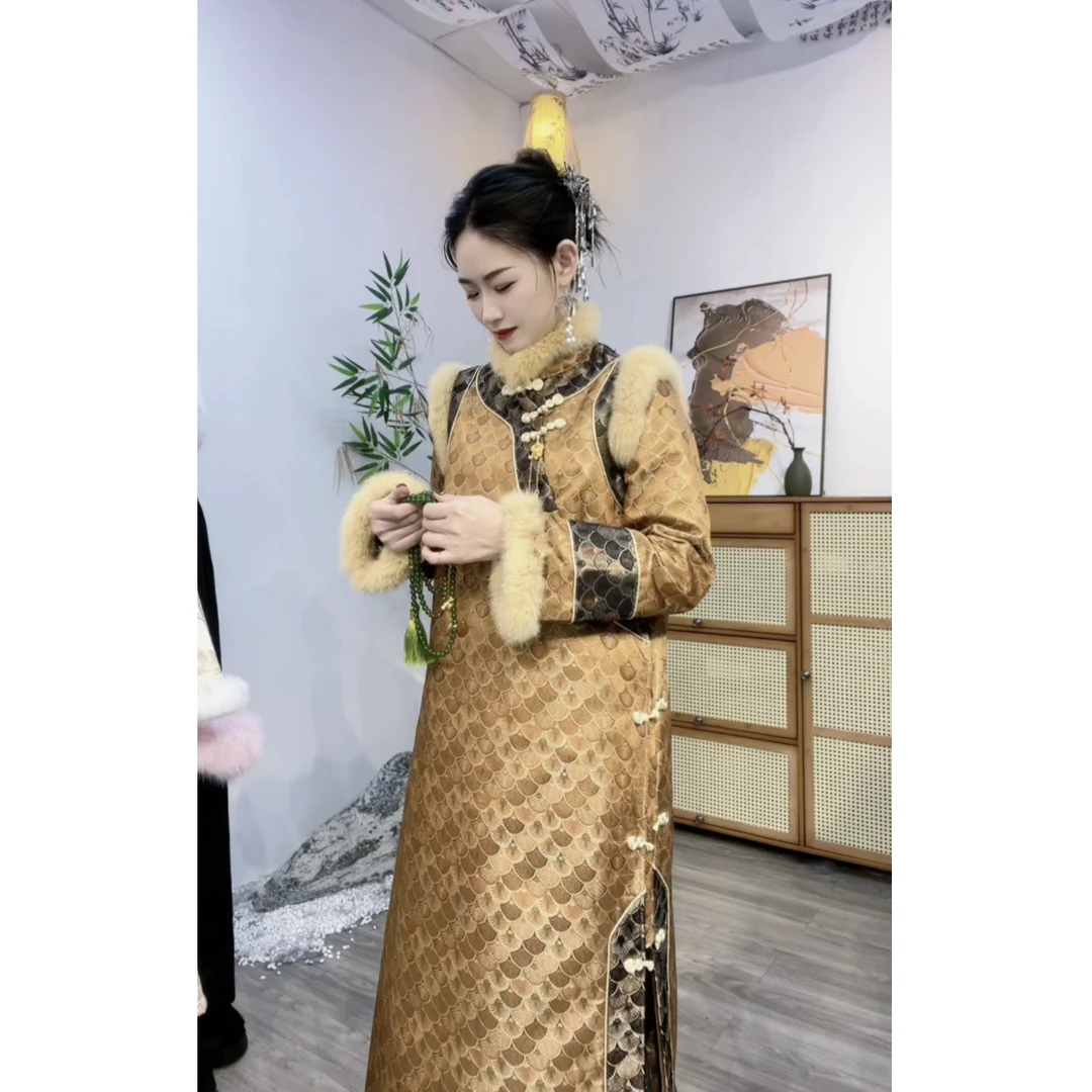 夏维莲2024冬季新款时尚加绒新中式龙鳞纹女士气质秋冬旗袍（9893）