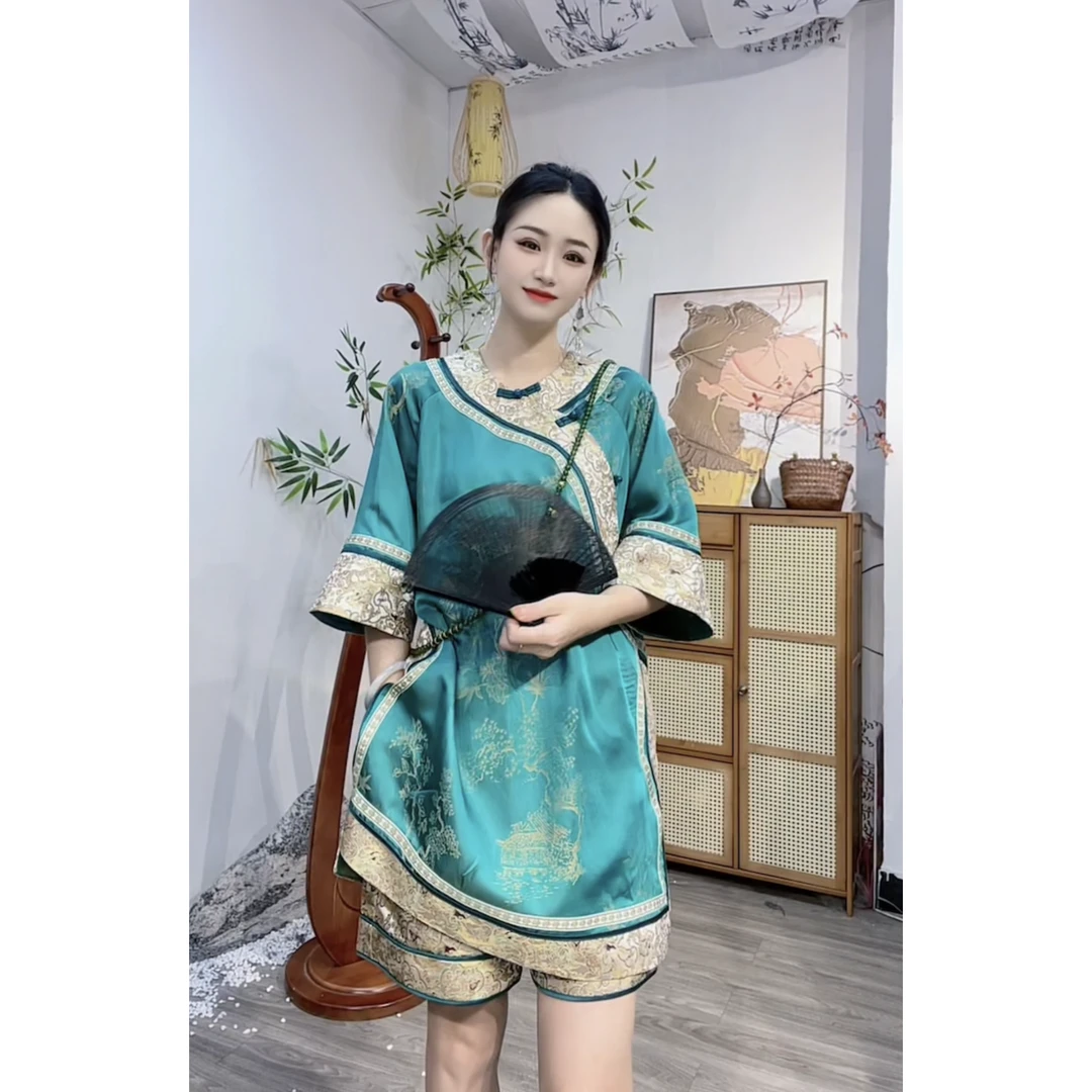 2024夏季新款大码显瘦时尚绿色复古上衣绿色-M(3855+3854)