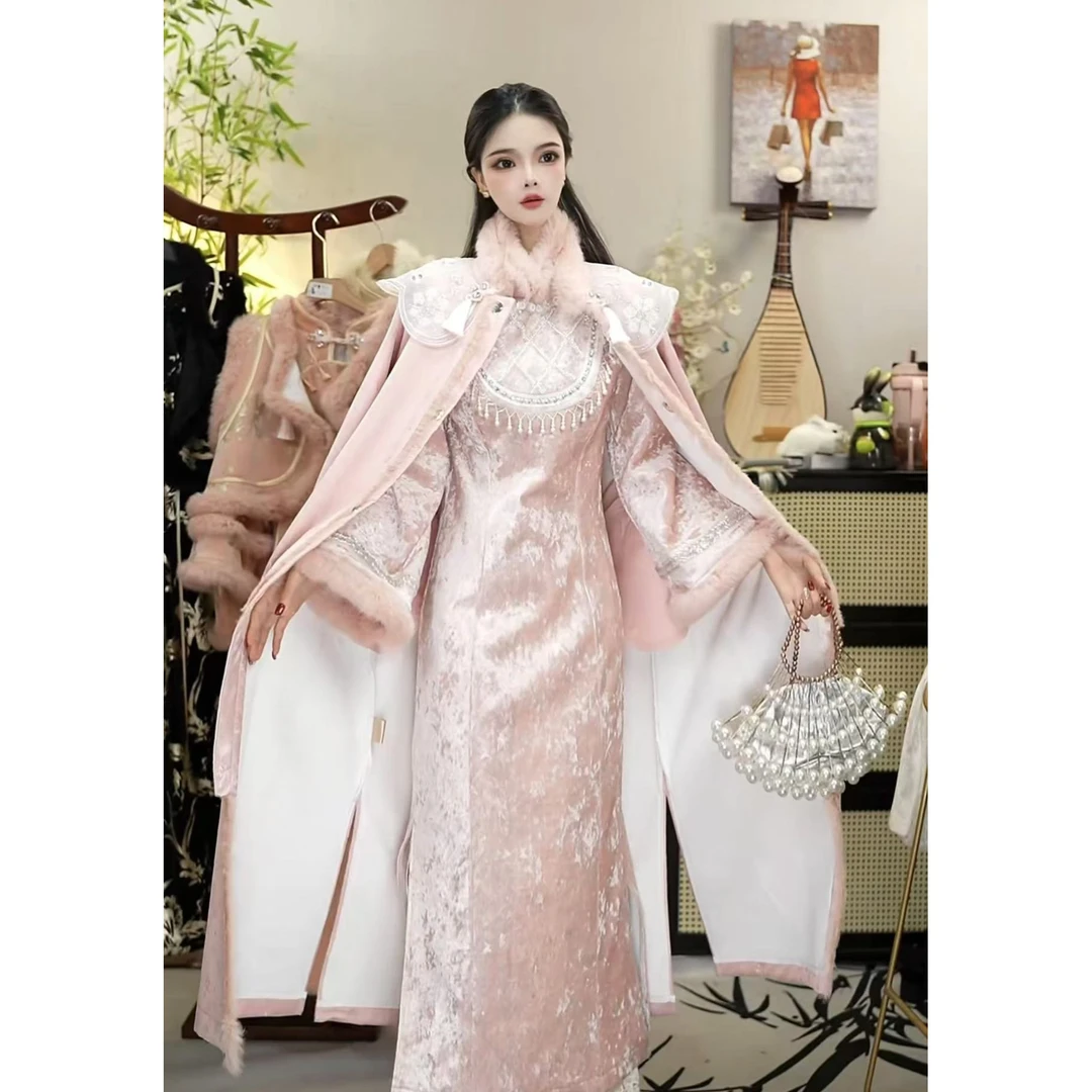 花享悦国风2024冬季新款加绒中式长款复古月白女装裙（6523+6524）