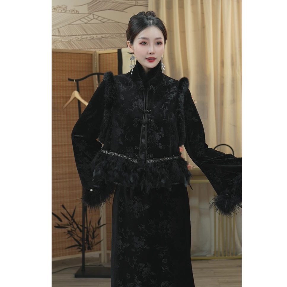 羽唐名2024秋季新款国风黑色大码复古轻奢显瘦套装（3987+3988）