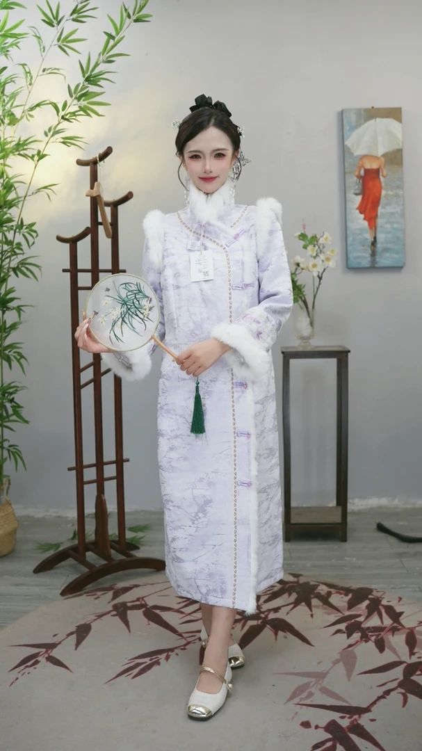 羽唐名2024冬季宽松连衣裙紫色加厚中国风加绒裙子6450