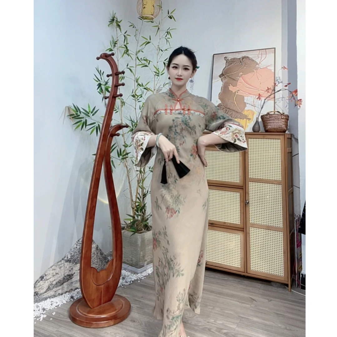 2024年夏季中式文艺古法复古显瘦斜裁汉服旗袍-M（3597）