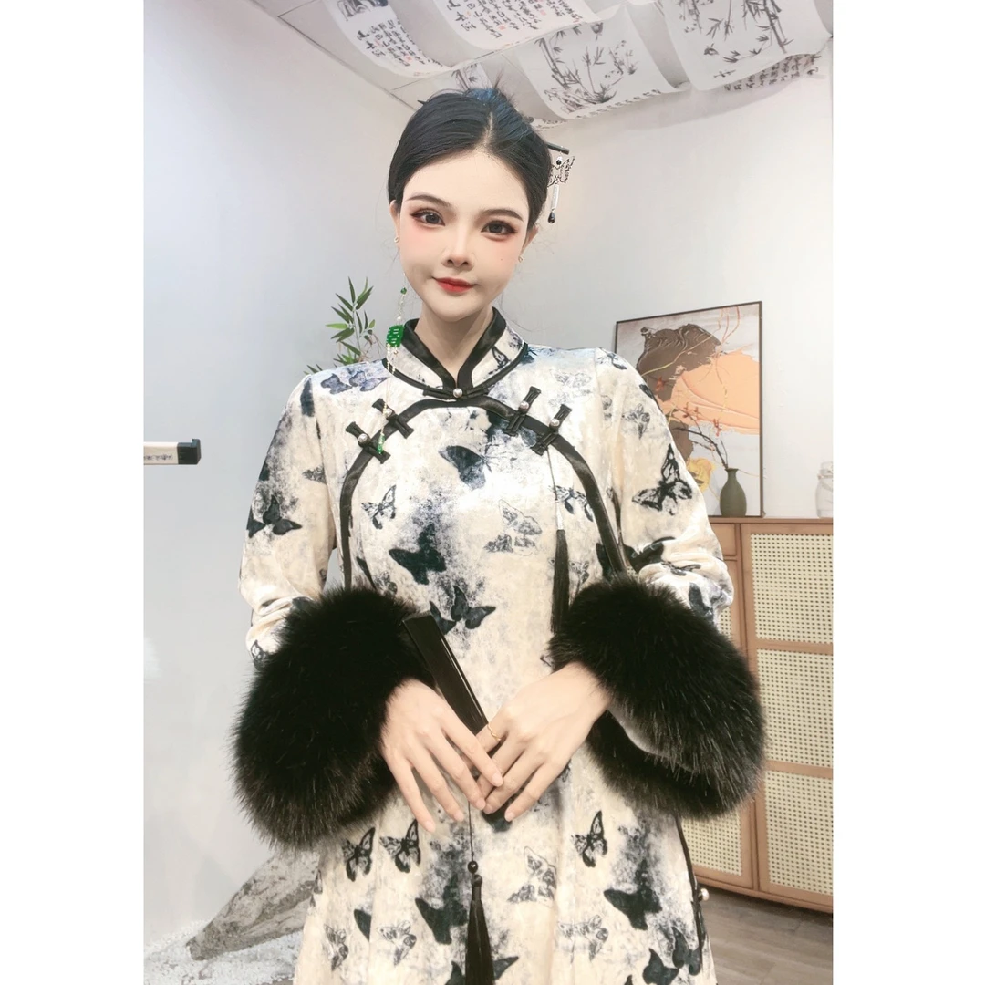 2023秋冬季新中式女装国风复古马甲黑白蝴蝶气质百搭旗袍-M(9785)