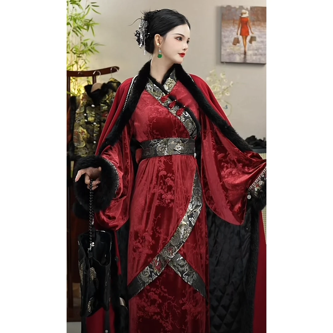 羽唐名2024秋季新款复古古风红色中式女款中国风连衣裙（1202）