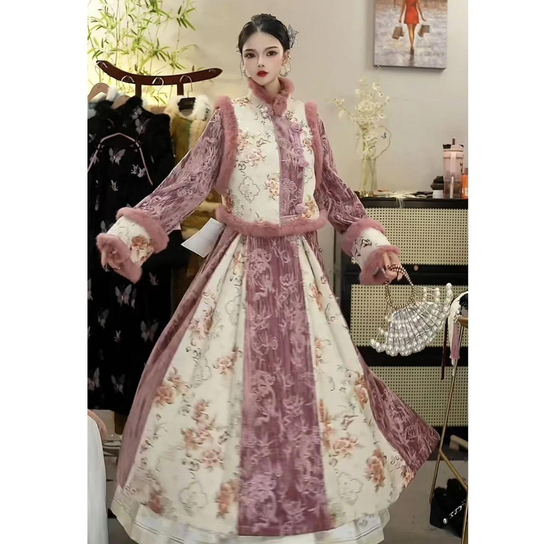 花享悦2024冬季新款加绒中式长款中国风复古女装裙（1275+1276）