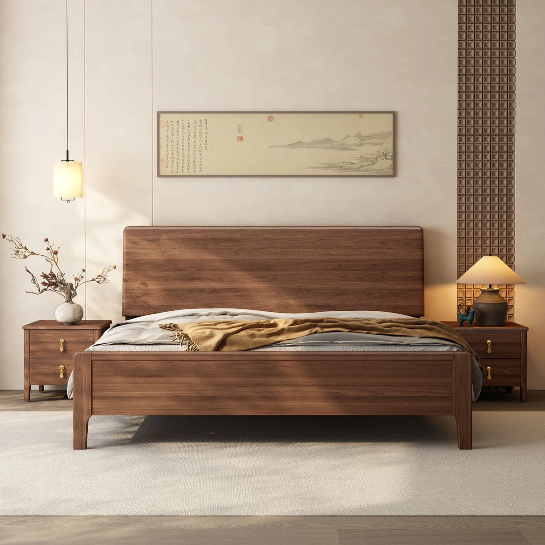 新款南美胡桃木实木床1.8米双人现代简约小户型1.5米主卧大床