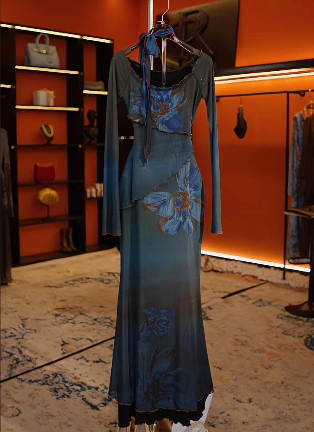 roiltrou【编号35】水墨中国风时尚晕染高级连衣裙ZA1524310980