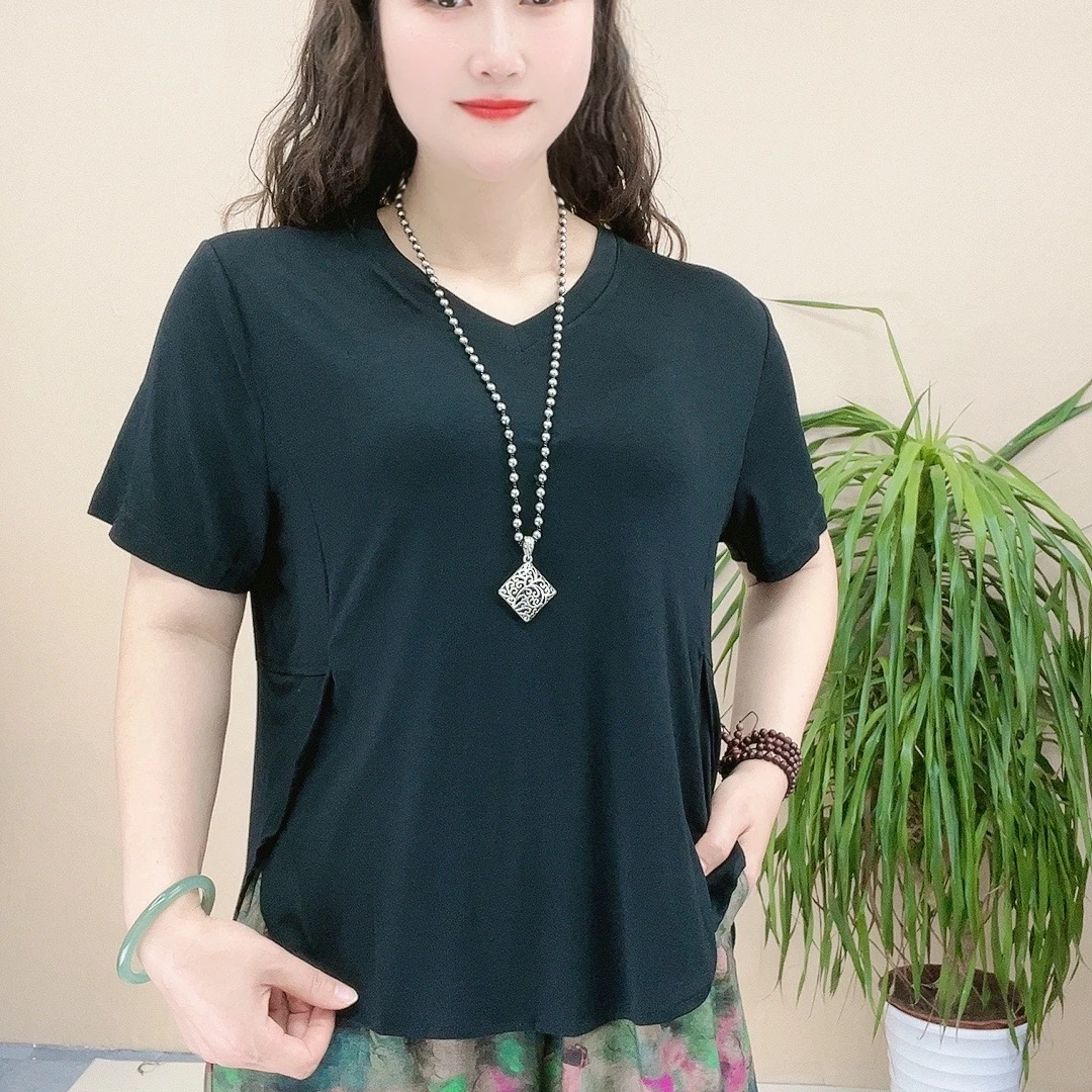 夏季新款洋气显瘦宽松百搭时尚V领休闲短袖T桖气质纯色上衣