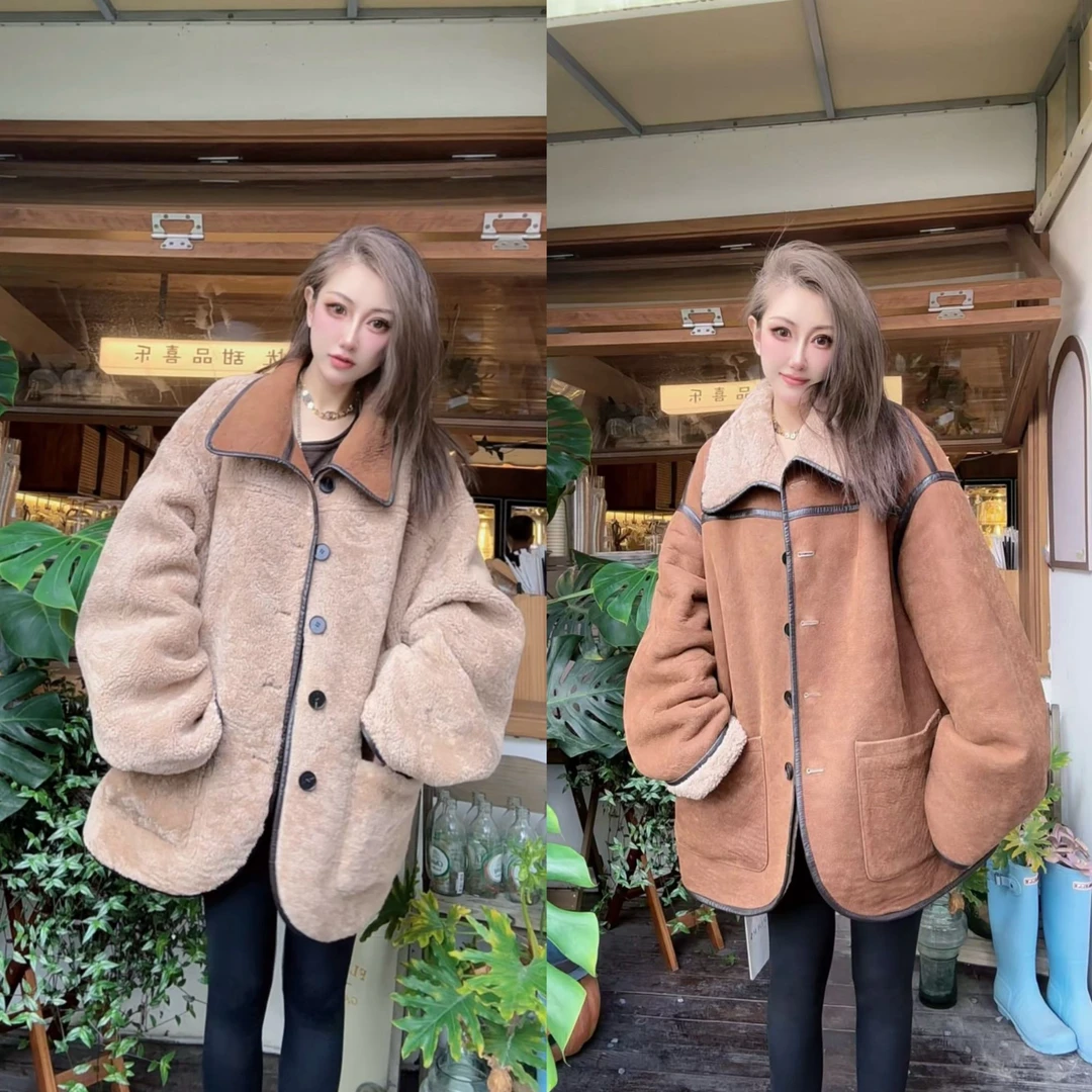 Leather Dyfs cc ”尖尖领“ 40511土耳其原单羊皮毛一体女皮草外套