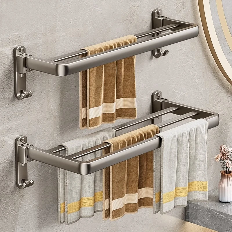 浴室毛巾架枪灰双杆免打孔卫生间挂毛巾杆太空铝轻奢浴巾置物架子