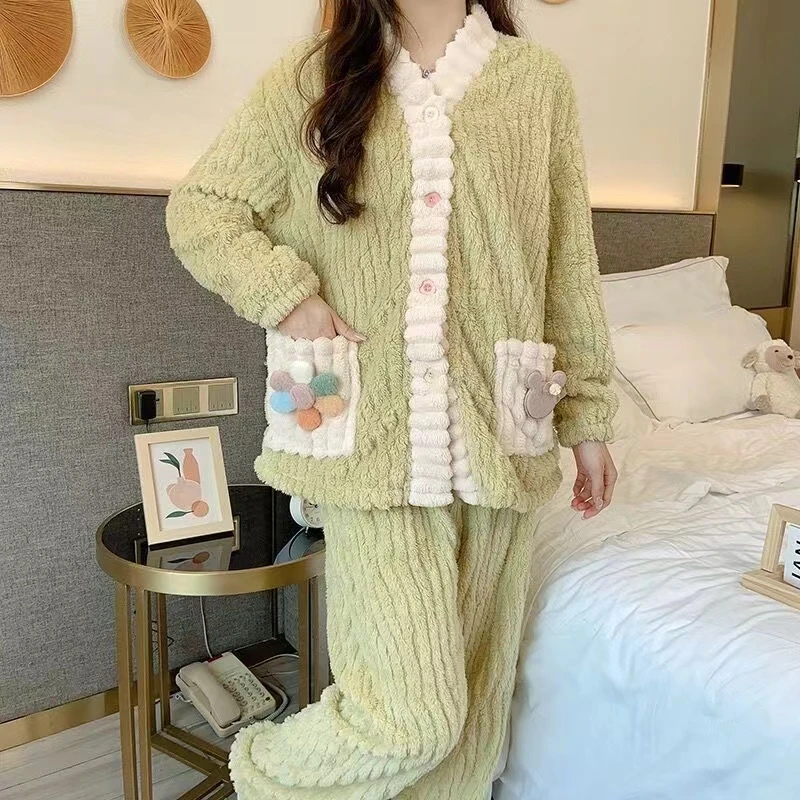 珊瑚绒睡衣女冬季加厚加绒小香风套装女家居服