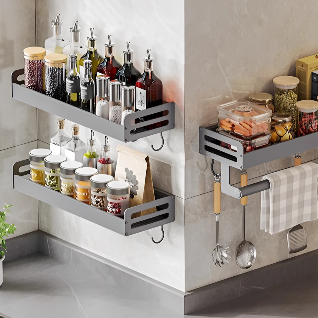 厨房置物架壁挂调料架调味品多功能收纳神器太空铝储物免打孔神器