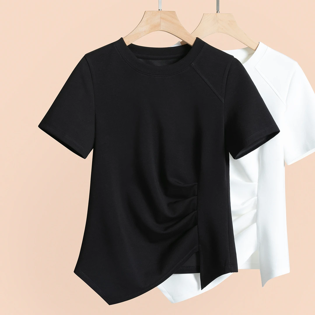 设计感不规则短袖t恤女夏季新款修身遮肉显瘦开叉百搭圆领上衣