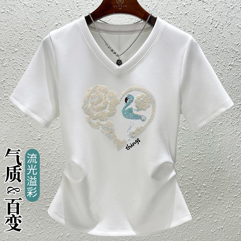 纯色刺绣短袖t恤女夏季不规则设计感V领修身显瘦时尚收腰百搭上衣