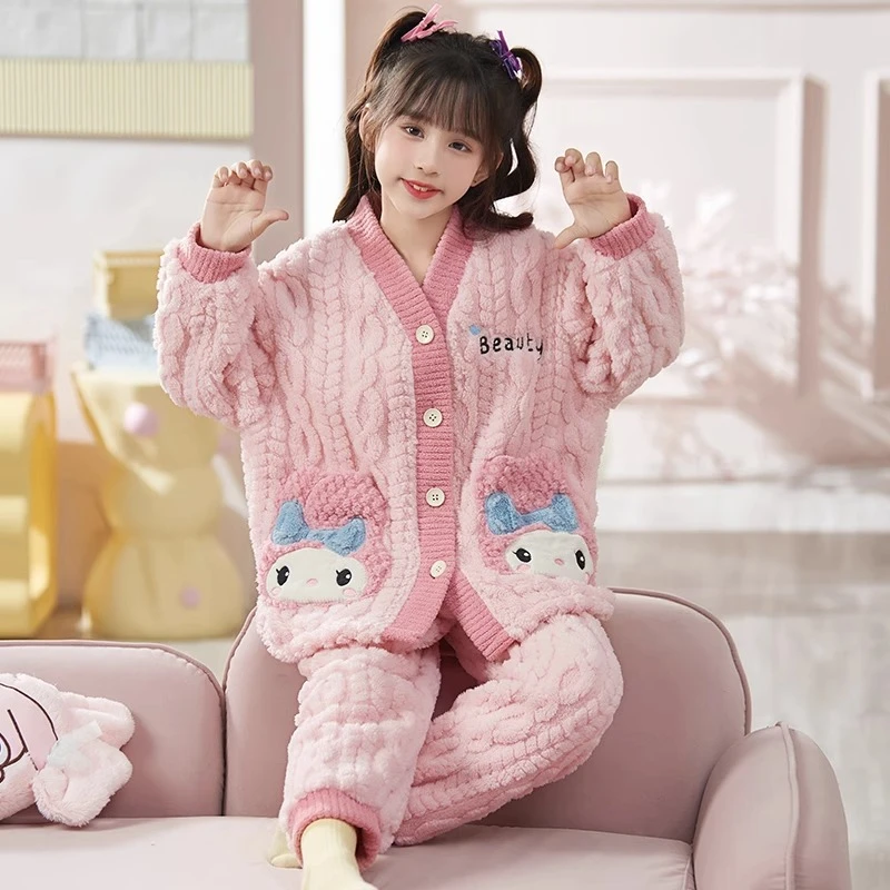 冬款儿童睡衣女童秋冬季珊瑚绒加厚套装2024新款女孩法兰绒家居服