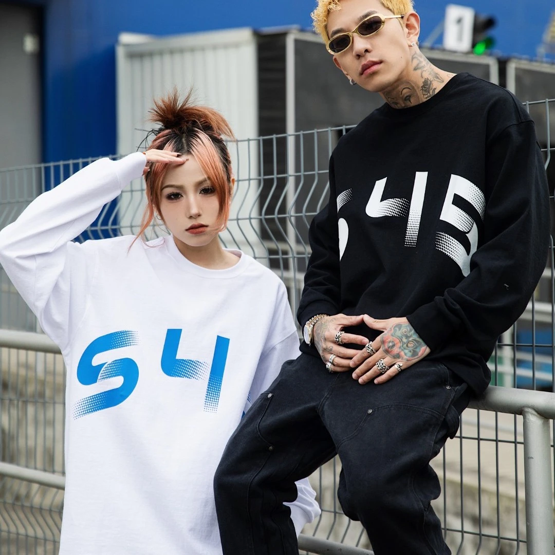 S45纯色弧形logo长袖打底男女纯棉百搭基础款宽松t恤圆领印花上衣