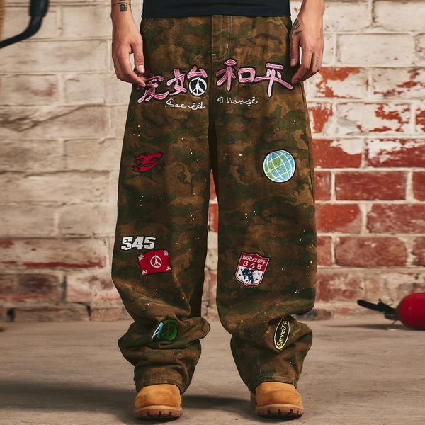 S45新款立体章仔迷彩裤秋冬男款美式复古街头宽松休闲百搭直筒裤