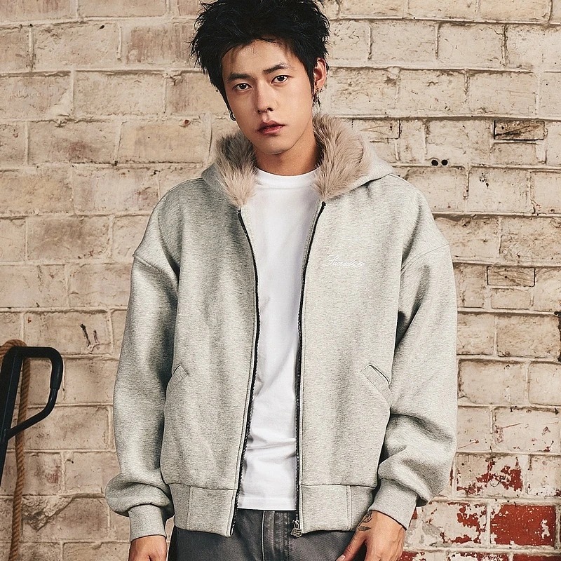 S45纯色连帽毛领外套新款刺绣logo重磅宽松抓绒秋冬拉链卫衣男