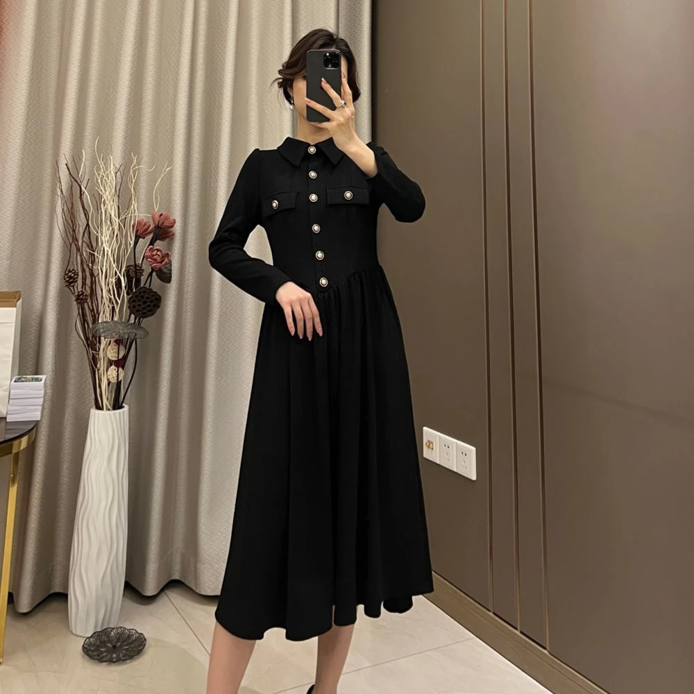春季新款减龄翻领字母衬衫小黑裙连衣裙气质显瘦