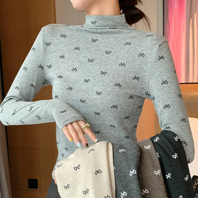 醉梓菡半高领打底衫女蝴蝶结小碎花长袖t恤秋冬新款加绒保暖上衣