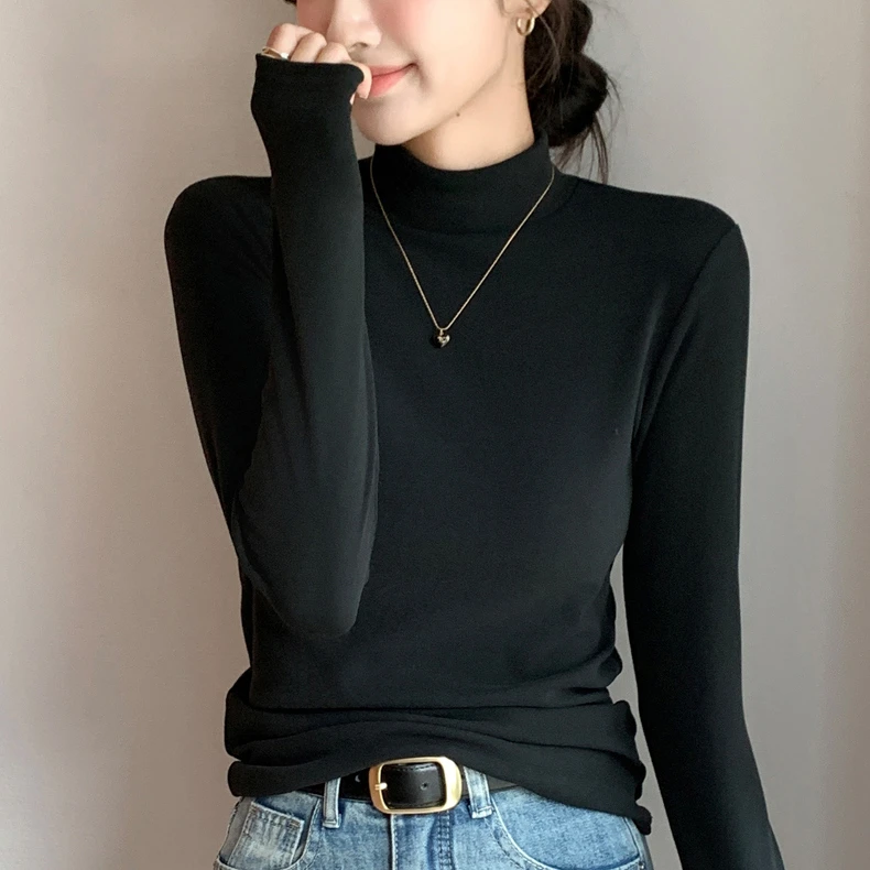 醉梓菡秋冬半高领微米绒打底衫女内搭黑白色中领长袖保暖洋气百搭