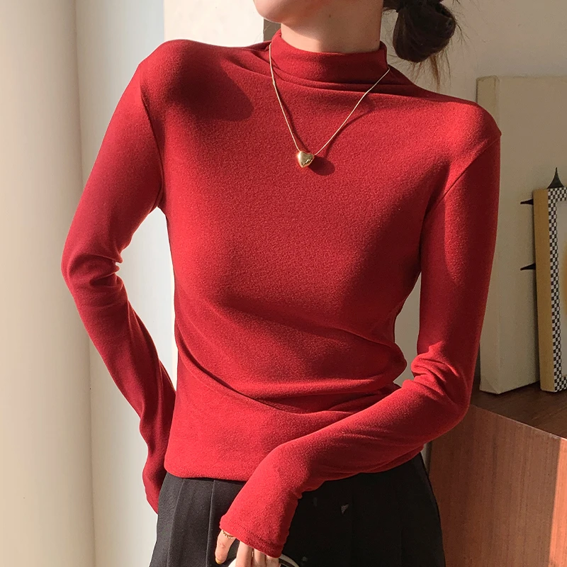 醉梓菡冬季新款微丽绒打底衫女半高领长袖加绒加厚中领保暖上衣潮